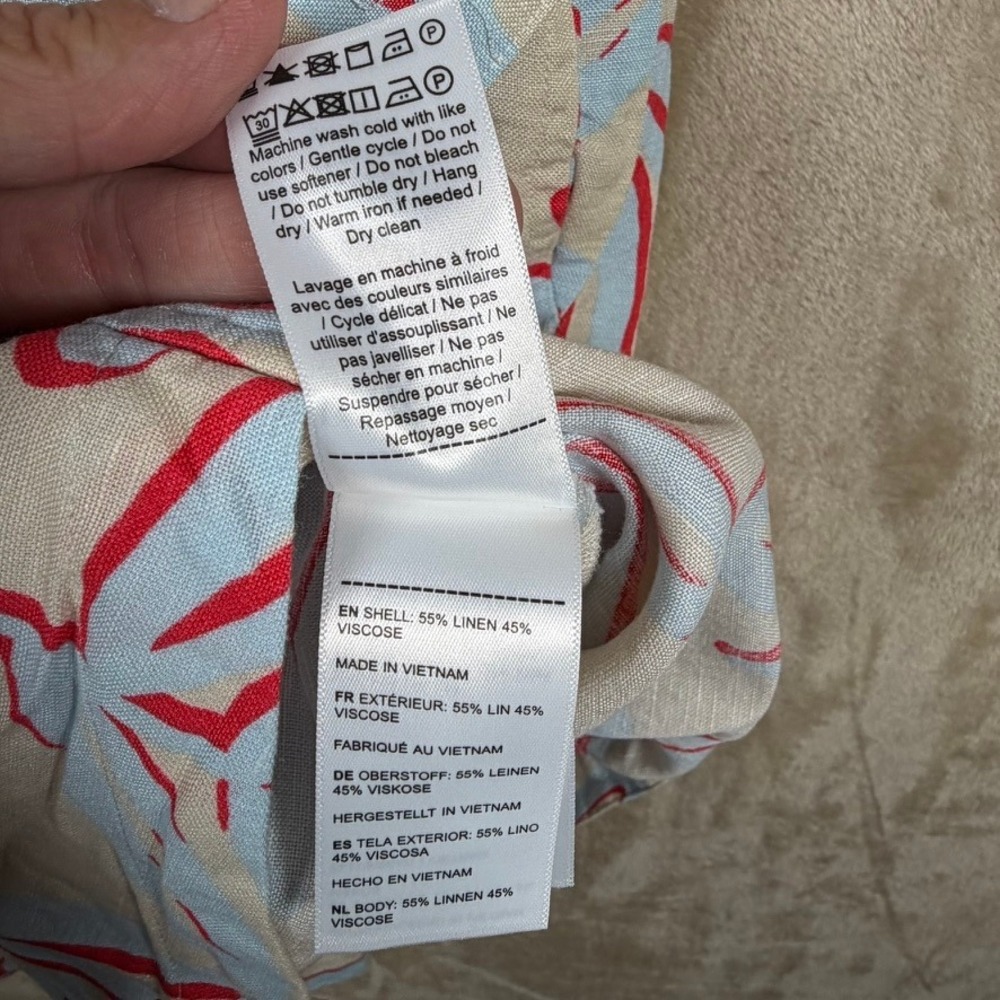 UNTUCKit Betty Linen Blend Shirt Dress XS Tan Blue Red Tropical Leaf Mini 42374 - Picture 5 of 11